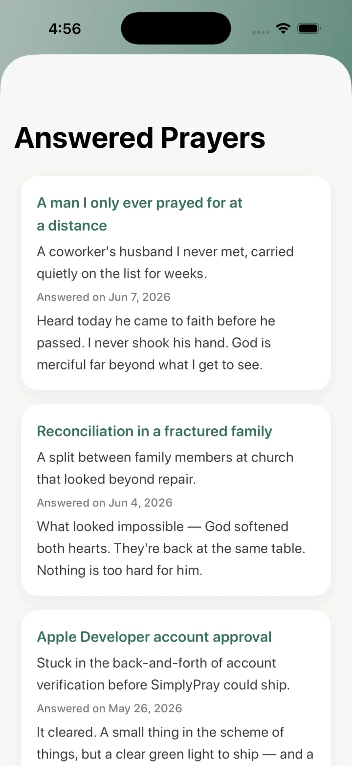 SimplyPray answered prayers screen recording God's faithfulness over time