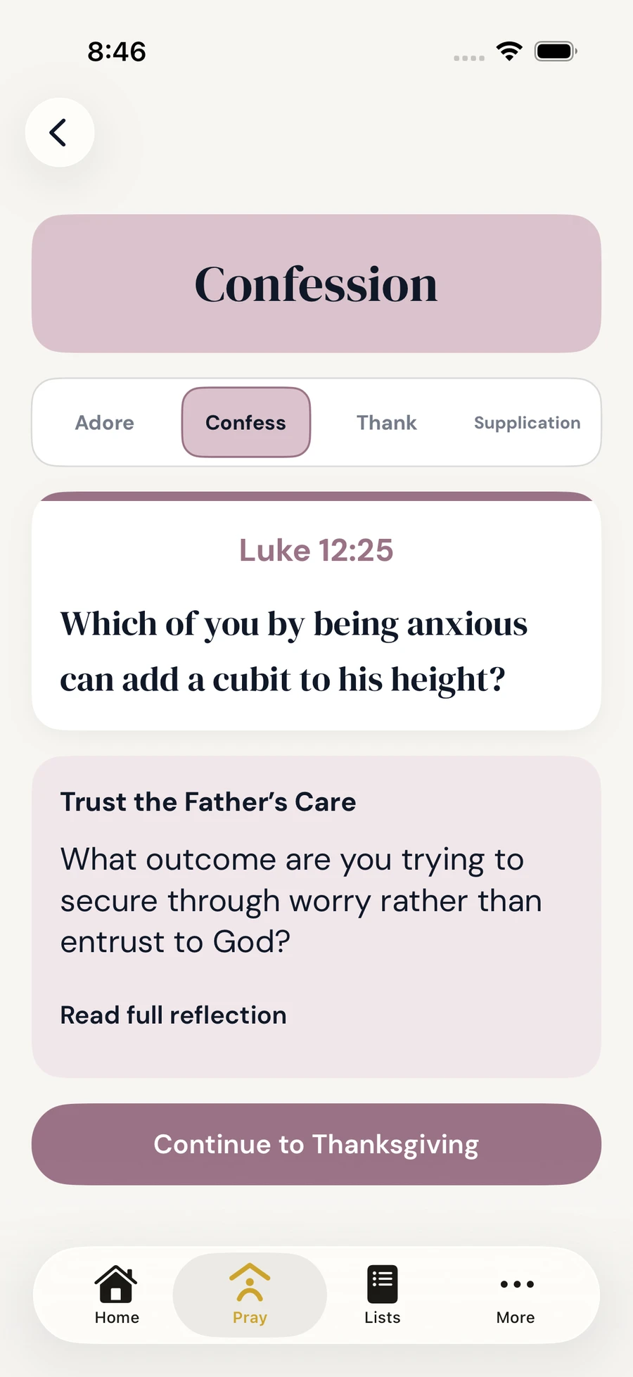 SimplyPray Confession screen with Scripture and ACTS navigation