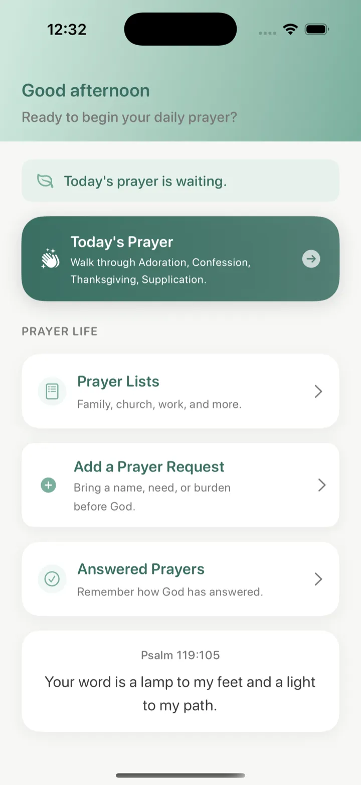 SimplyPray home screen showing today's guided prayer session