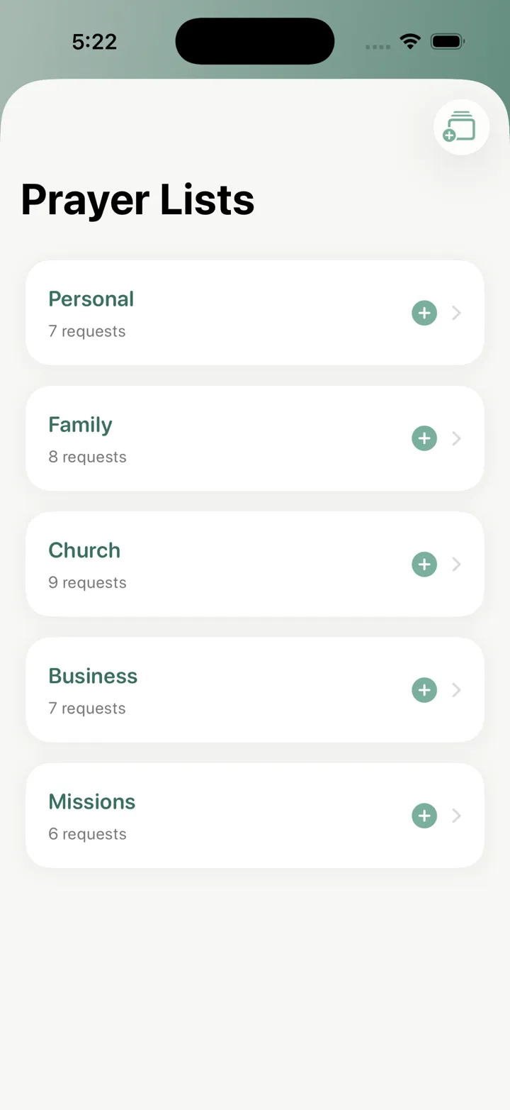 SimplyPray prayer lists organized by Personal, Family, Church, and Business categories