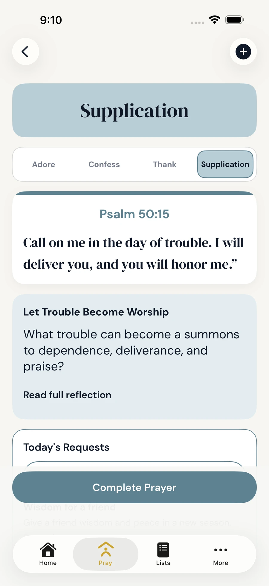 SimplyPray Supplication screen with Scripture and ACTS navigation