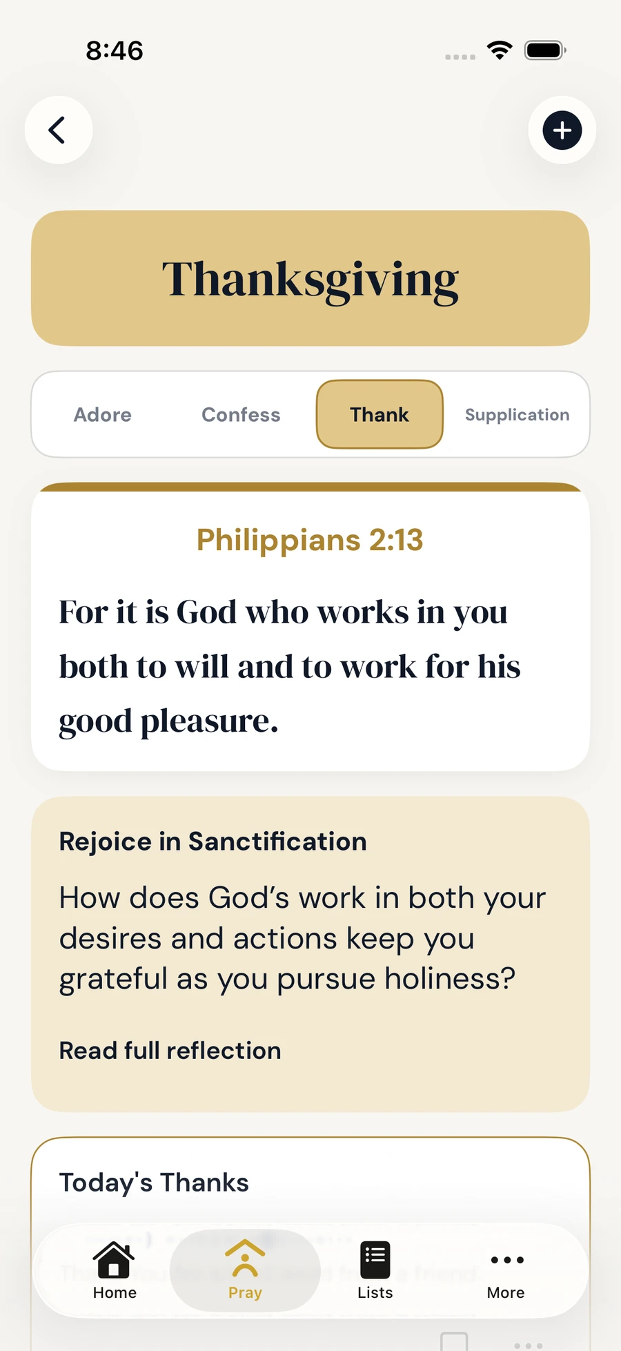 SimplyPray Thanksgiving screen with Scripture and ACTS navigation